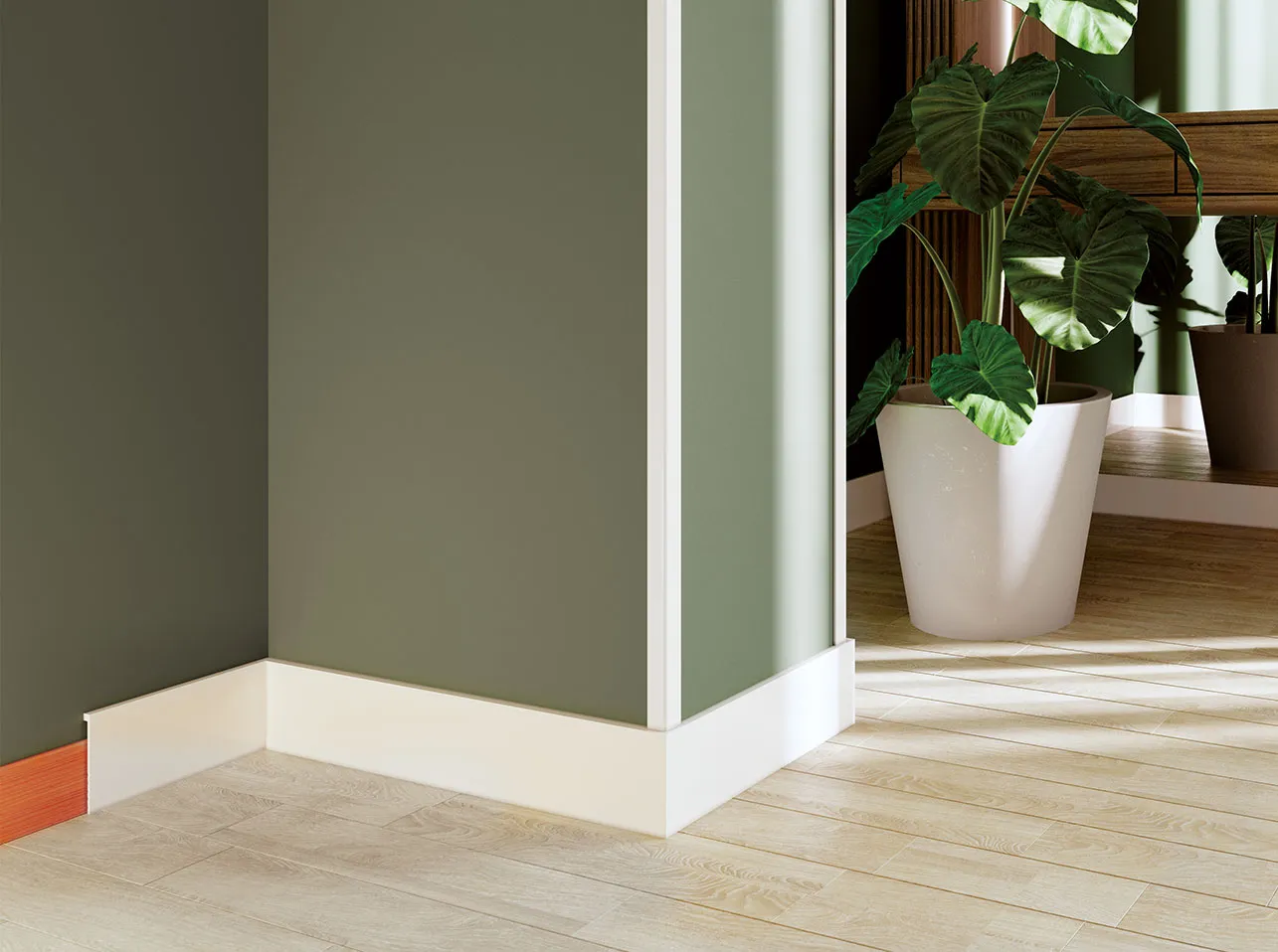 Perfil para ocultar rodapiés viejos en el Piso o Pared modelo UPSOLU UP217 en poliestireno, resistente a la humedad, que no se deforma, pintable, aplicado con cola.