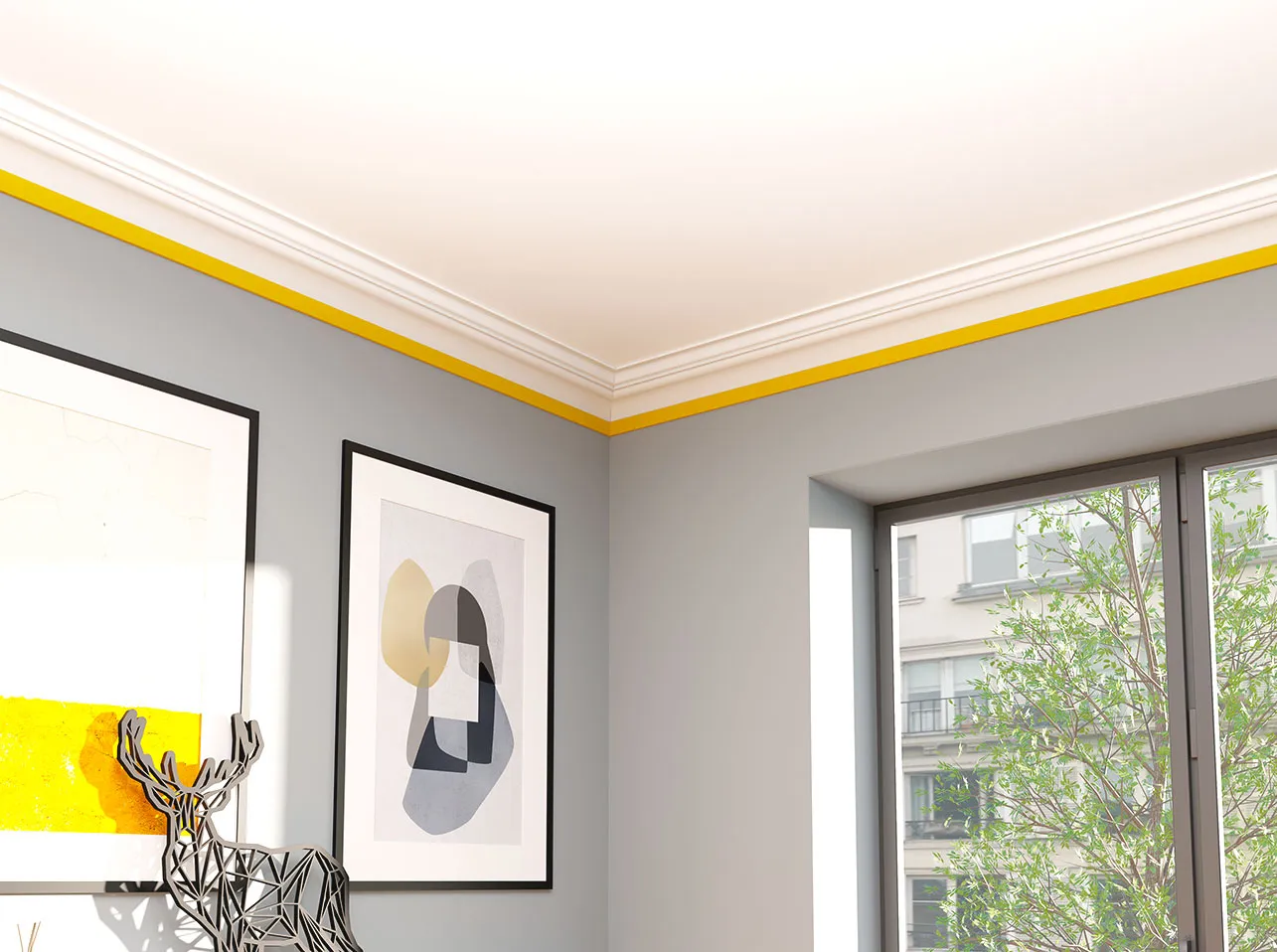 Moldura de Techo modelo UPSOLU UP237 en poliestireno resistente a la humedad, aplicada con cola para techo o pared.