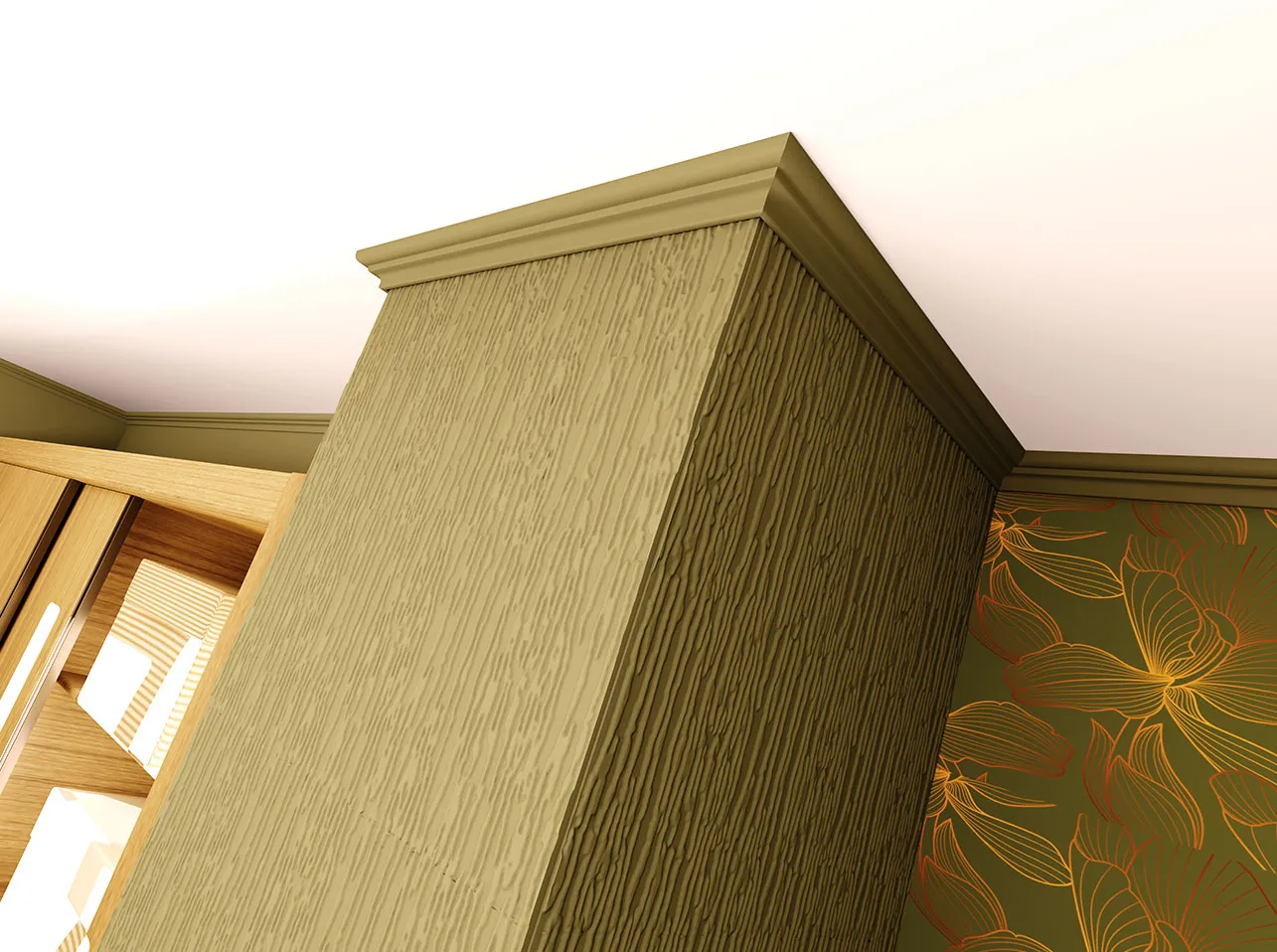 Moldura para Techo o Pared UP26 en poliestireno resistente a la humedad, aplicada con pegamento.